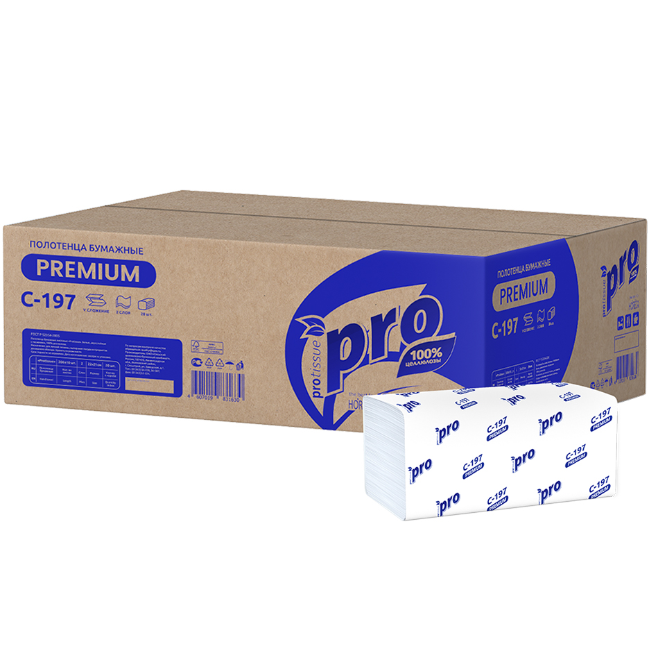 C197 Листовые бумажные полотенца PROtissue Premium белые двухслойные V-сложения, 20 пачек по 200 листов